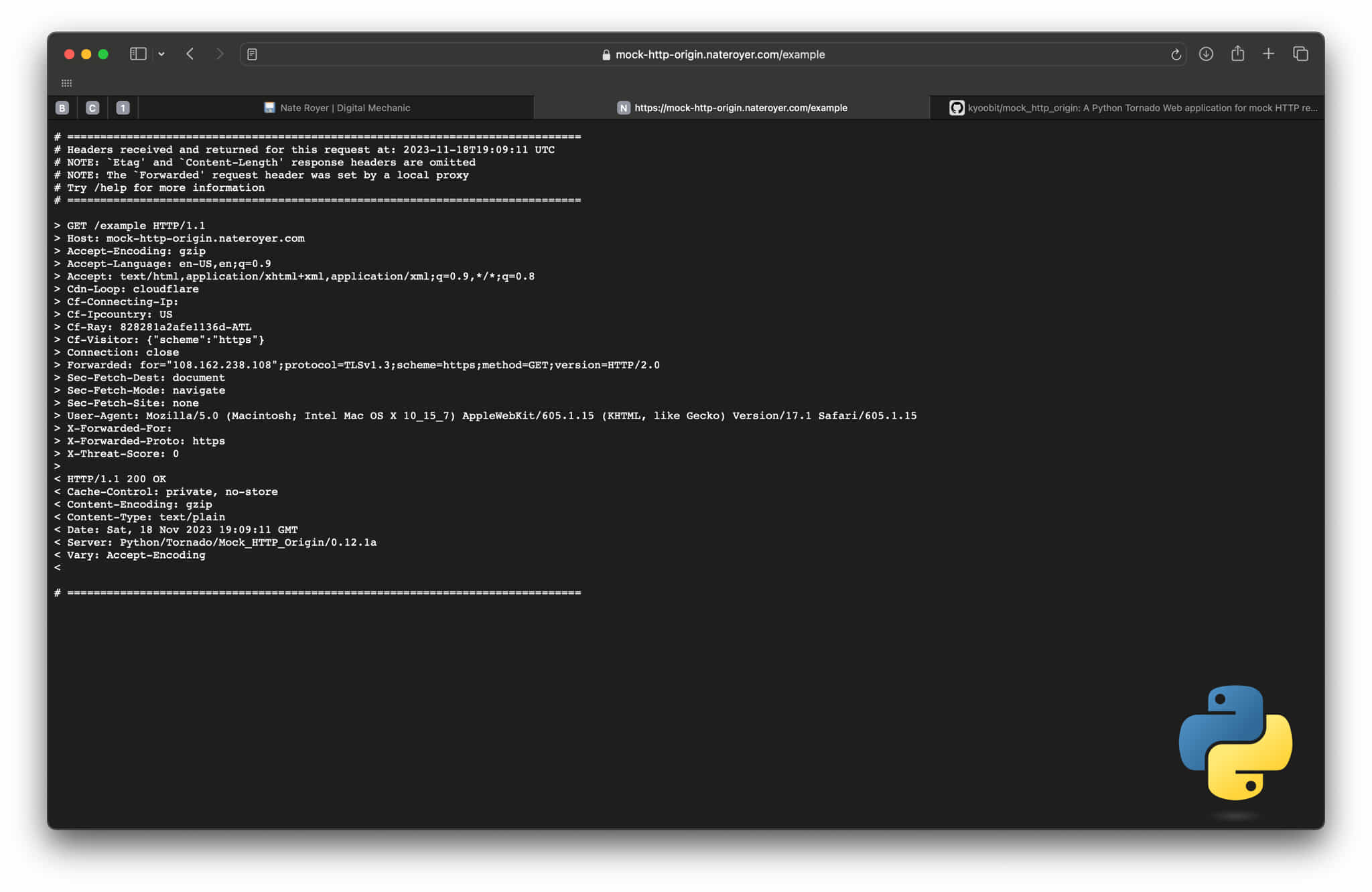 Screenshot of an example response from the Mock HTTP Origin application