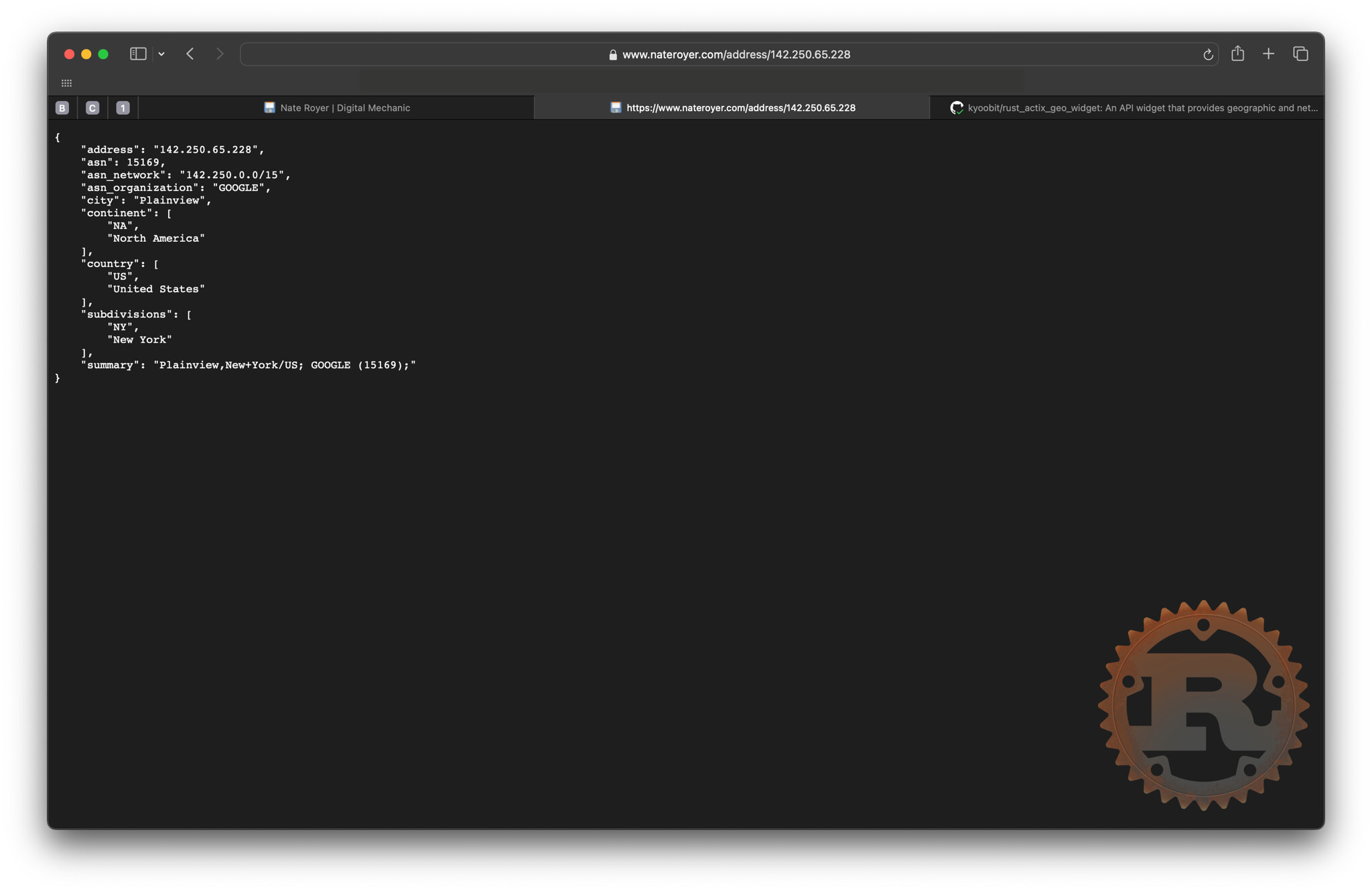 Screenshot of an example response from the Geo Widget application